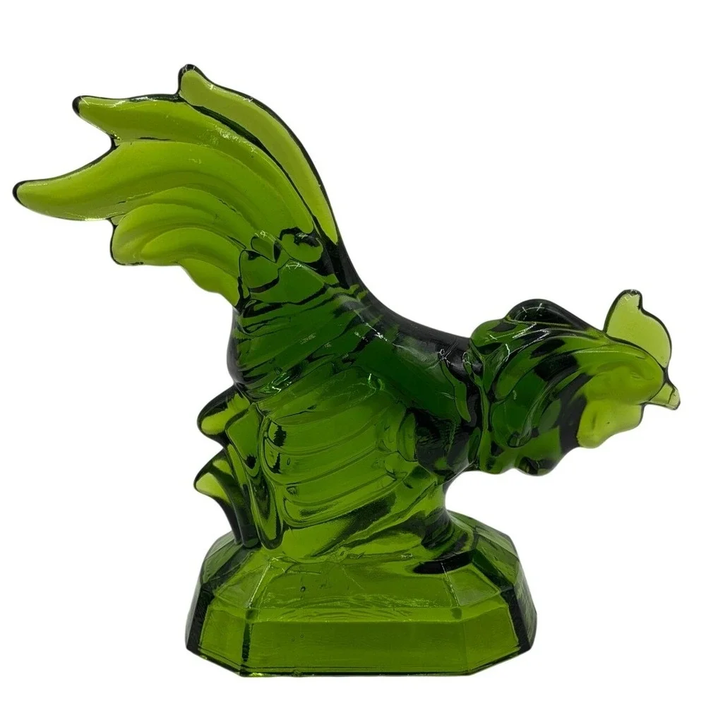 Vintage Green Pressed Glass Rooster Figurine Farmhouse Decor Octagonal Base NOTE